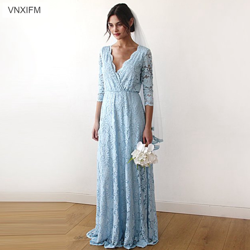 VNXIFM 2019 Light Blue Bohemian Lace Beach Wedding Dress