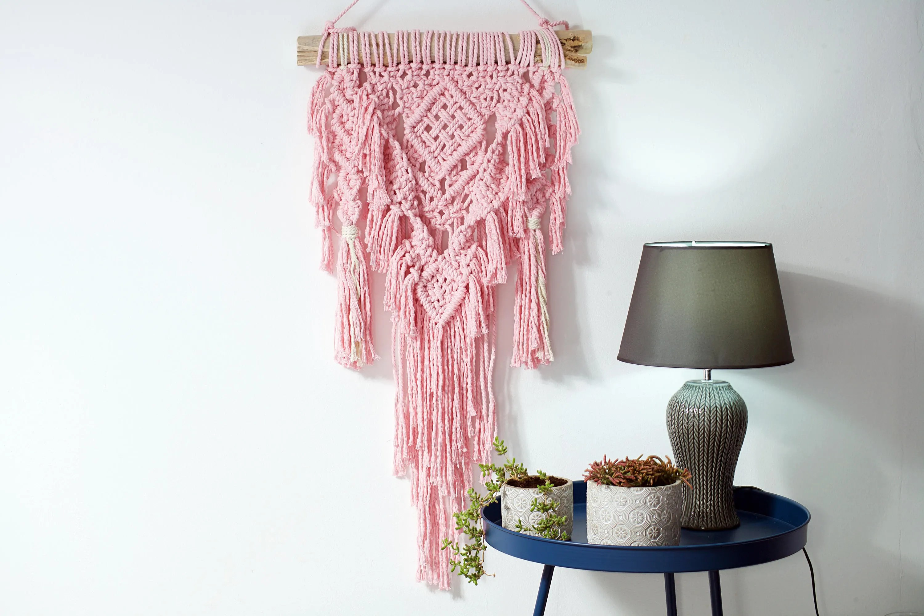 Boho Macrame Wall Hanging, Baby Pink Mural, macrame wall