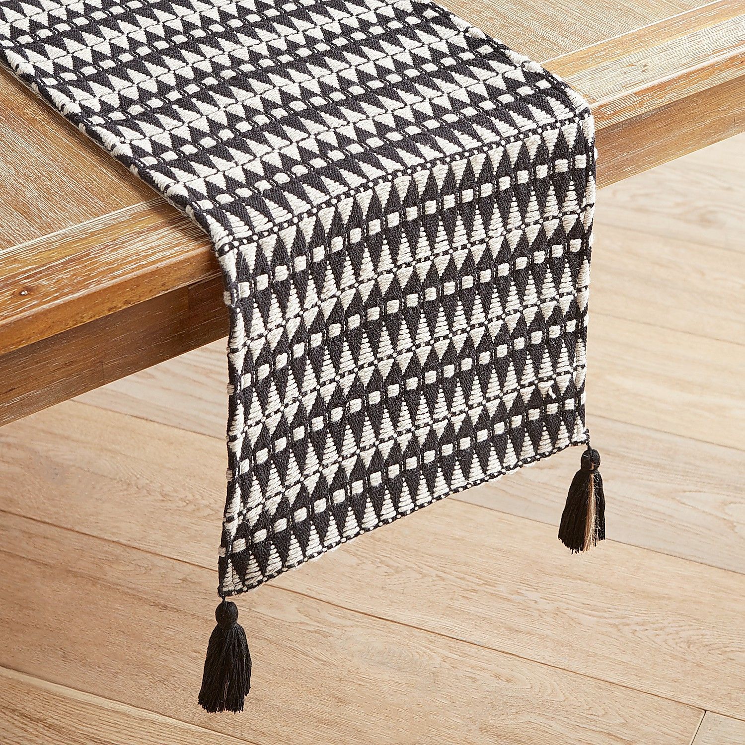 Geometric Black & White Woven 72" Table Runner With